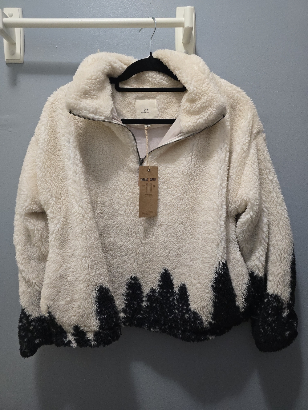 Cozy Cream Sherpa Pullover Sweater with Black Tree Border